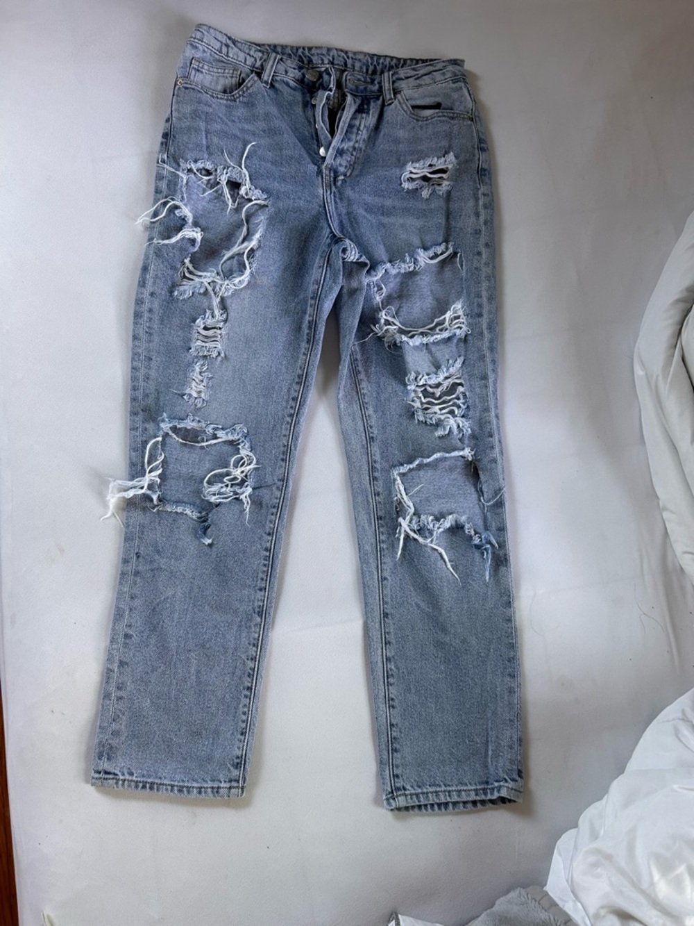 Distressed High-Rise Ankle Jeans - Light Blue